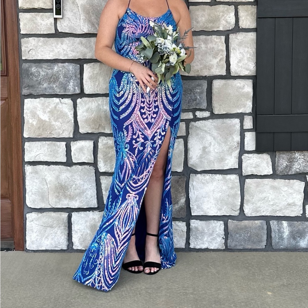Elegant Blue and Pink Evening Gown